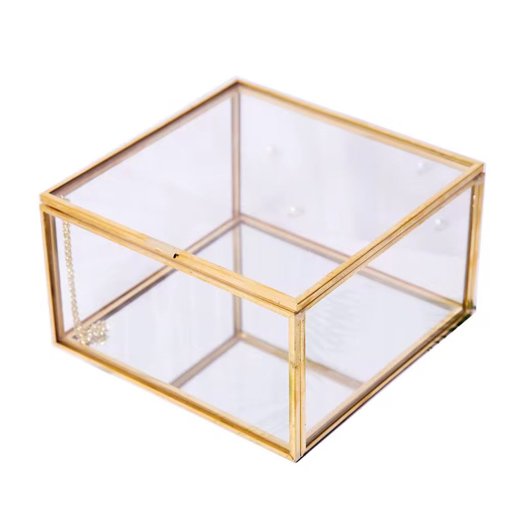 Square Glass Jewelry Box – Gold Frame (6x6x4cm) #JB2961