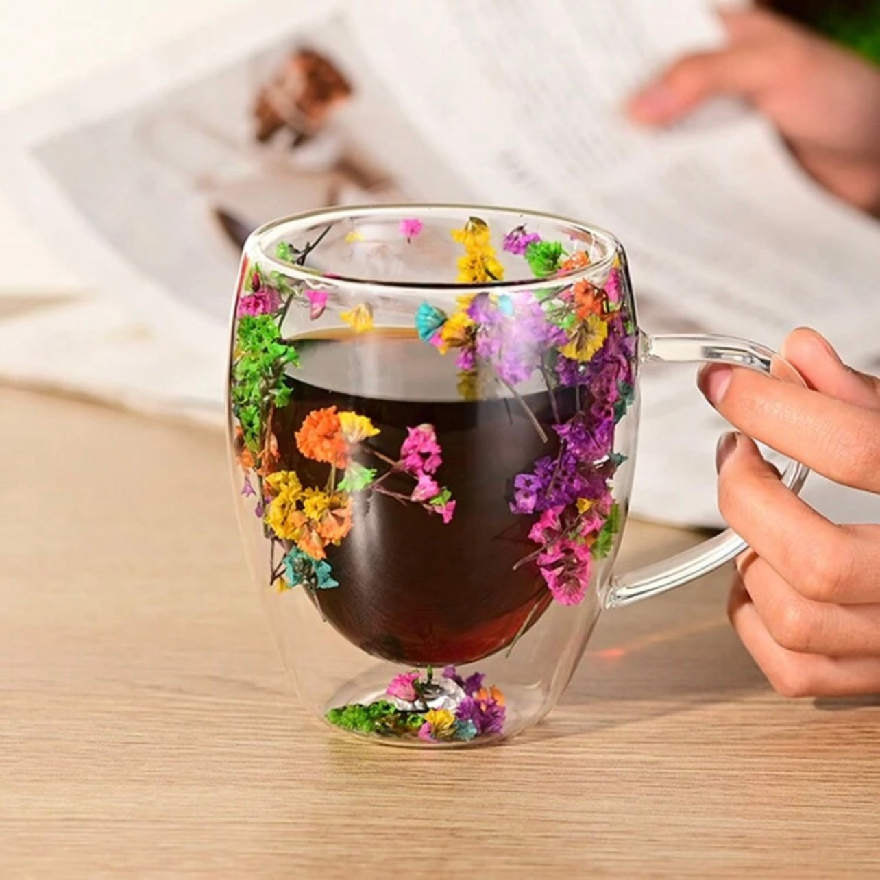 1Pc/350ml Dry Flower Double-Layer Glass Cup Household Coffee Cup With Handle Heat Resistant High Borosilicate Coffee Cup TeaCup #GC1453