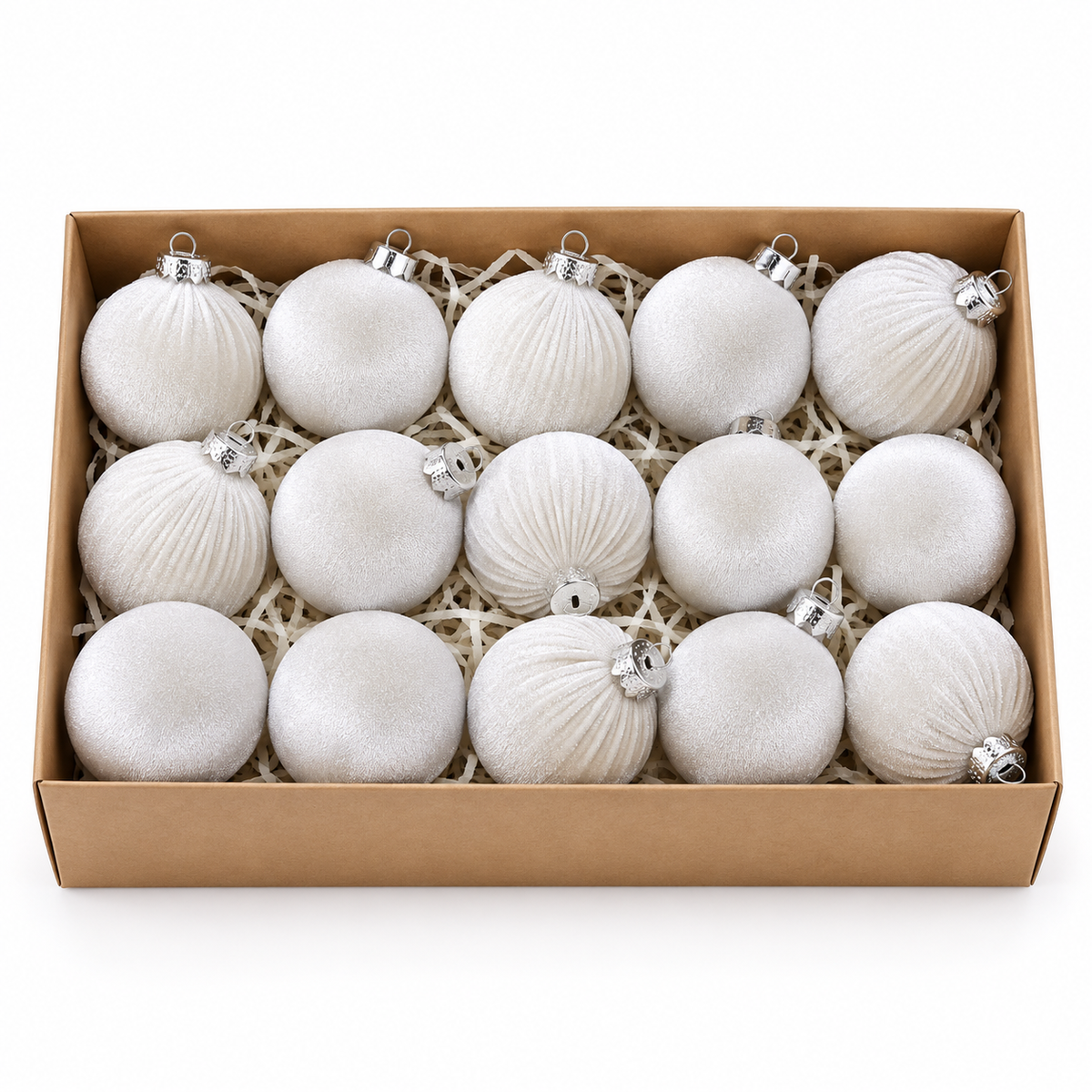 Greige Velvet Christmas Baubles – 15 Pieces, 8 cm #CD4508