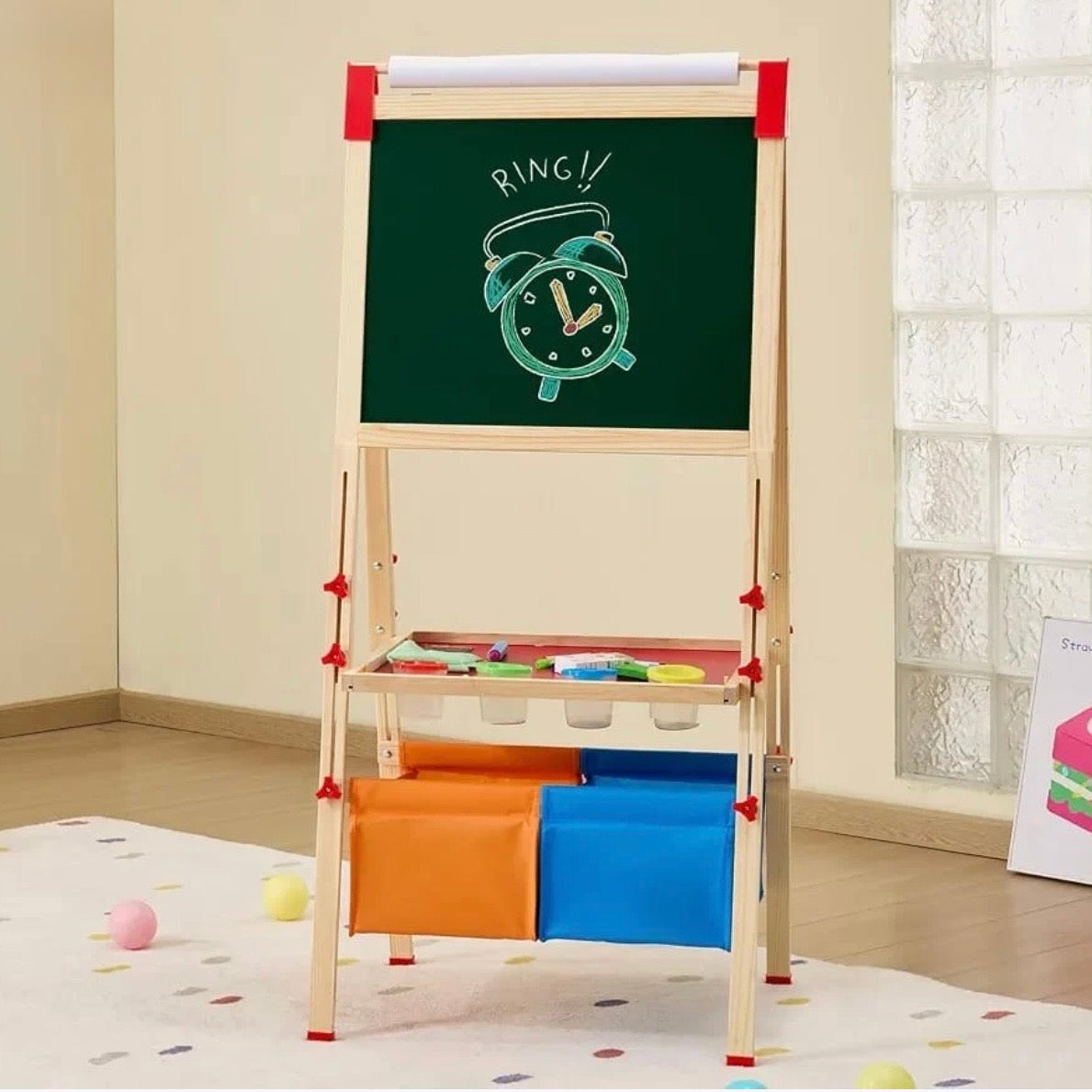 Adjustable Double-Sided Kids Easel with Paper Roll & Storage Bins #DE4002