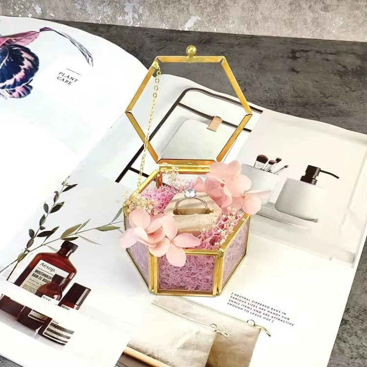 Hexagon Glass Jewelry Box – Gold Frame (7x4.5cm) #JB2960