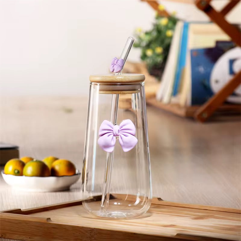 400ml Glass Milk & Coffee Bottle with Bow Silicone Decor – Bamboo Lid & Straw #GJ2578