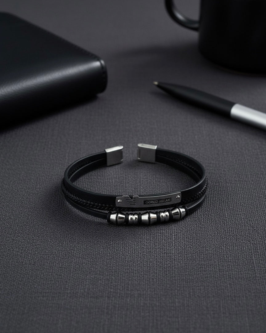 Luxury Men’s Bracelet – Giorgio Style Black Leather Bracelet #MB3836