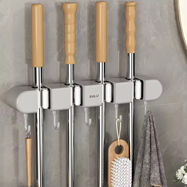 Wall-Mounted Mop & Broom Organizer – 4 Holders + 5 Hooks #GS3938