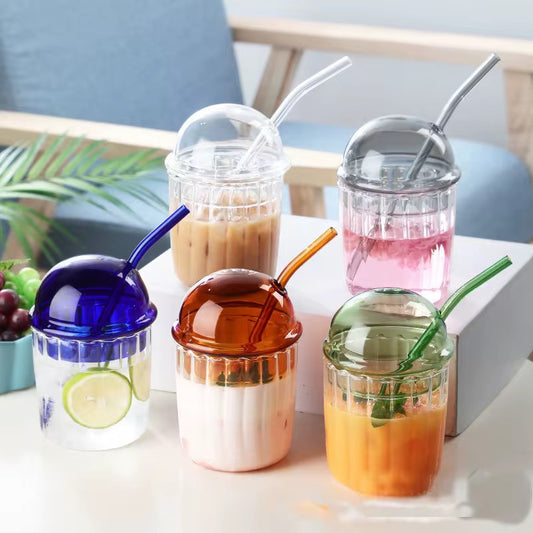 Ribbed Glass Cup with Dome Lid & Glass Straw #GM3969