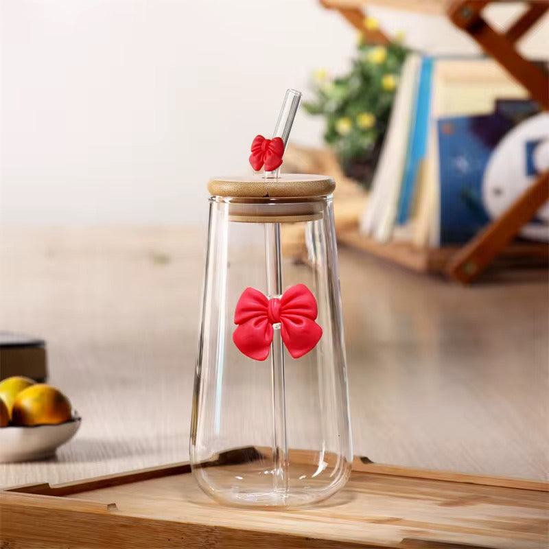400ml Glass Milk & Coffee Bottle with Bow Silicone Decor – Bamboo Lid & Straw #GJ2578