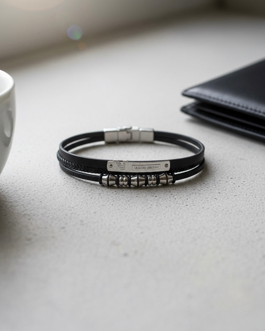 Luxury Men’s Bracelet – Giorgio Style Black Leather Bracelet #MB3836