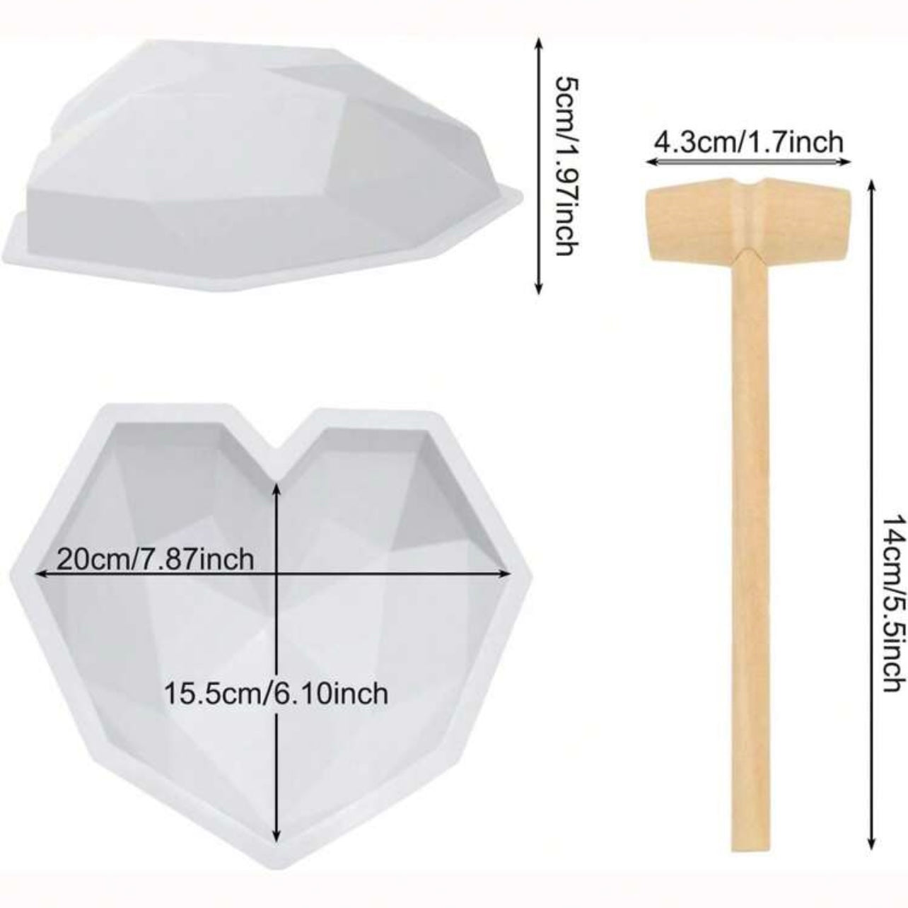 7.8” Chocolate Diamond Heart Silicone Molds With 1 Mini Wooden Hammer  #SM1657