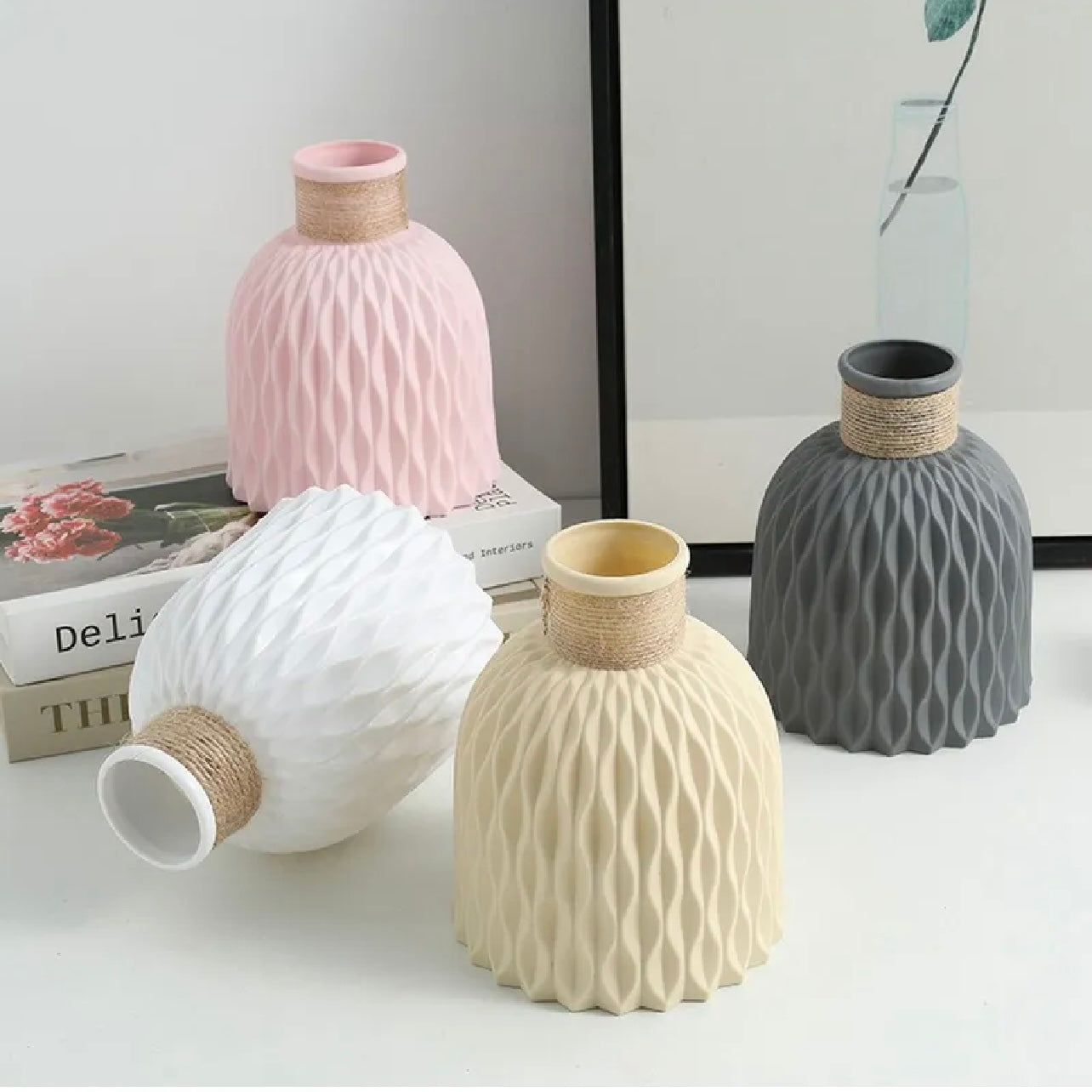 Plastic Water Ripple Design PP Vase Artificial Flower Container Home Office Decoration #GV2816