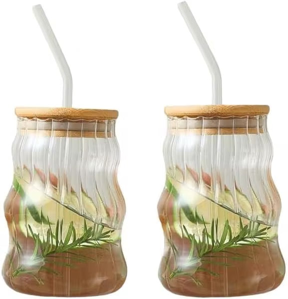 Wavy Glass Cup with Bamboo Lid & Glass Straw  #GM3967