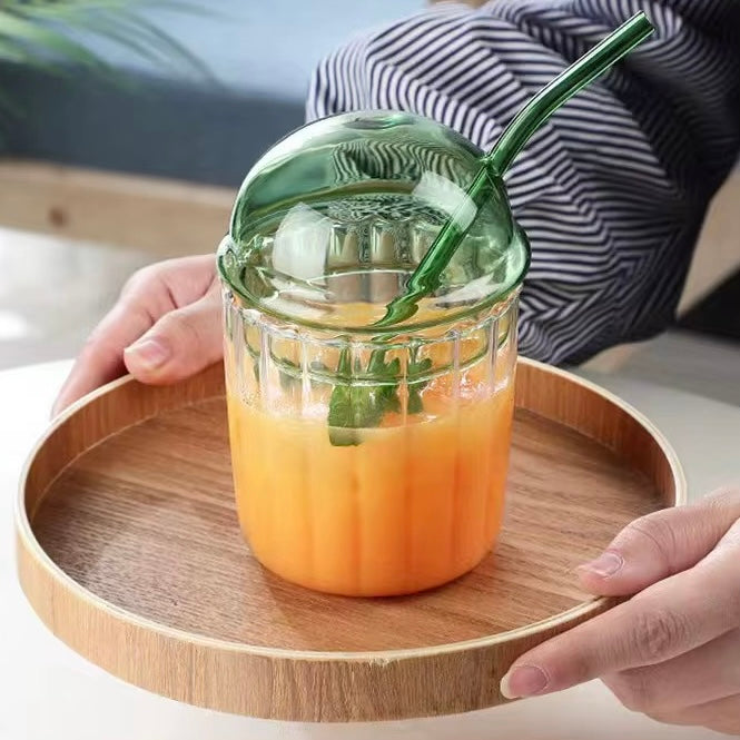Ribbed Glass Cup with Dome Lid & Glass Straw #GM3969