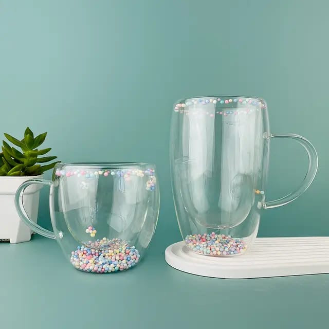 Double Walled Glass Feather Design Cup, High Borosilicate Double Layer Glass Cup For Breakfast Milk Coffee, Drinking Cup For Home #GC1450