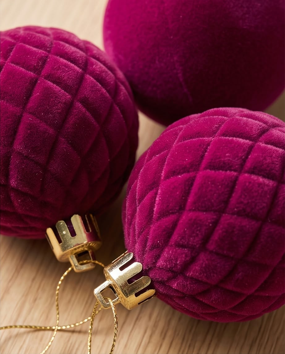 Velvet-Flocked Christmas Tree Ornaments – 6cm, Set of 6 #CB4369