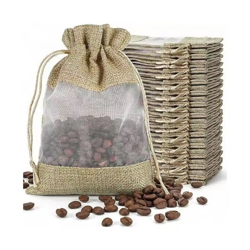 X12pcs Natural Burlap Gift Bag with Transparent Window – Drawstring Pouch #GB4006