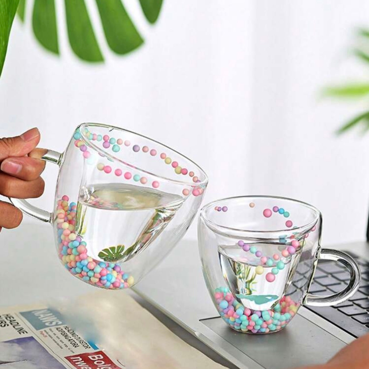 Double Walled Glass Feather Design Cup, High Borosilicate Double Layer Glass Cup For Breakfast Milk Coffee, Drinking Cup For Home #GC1450