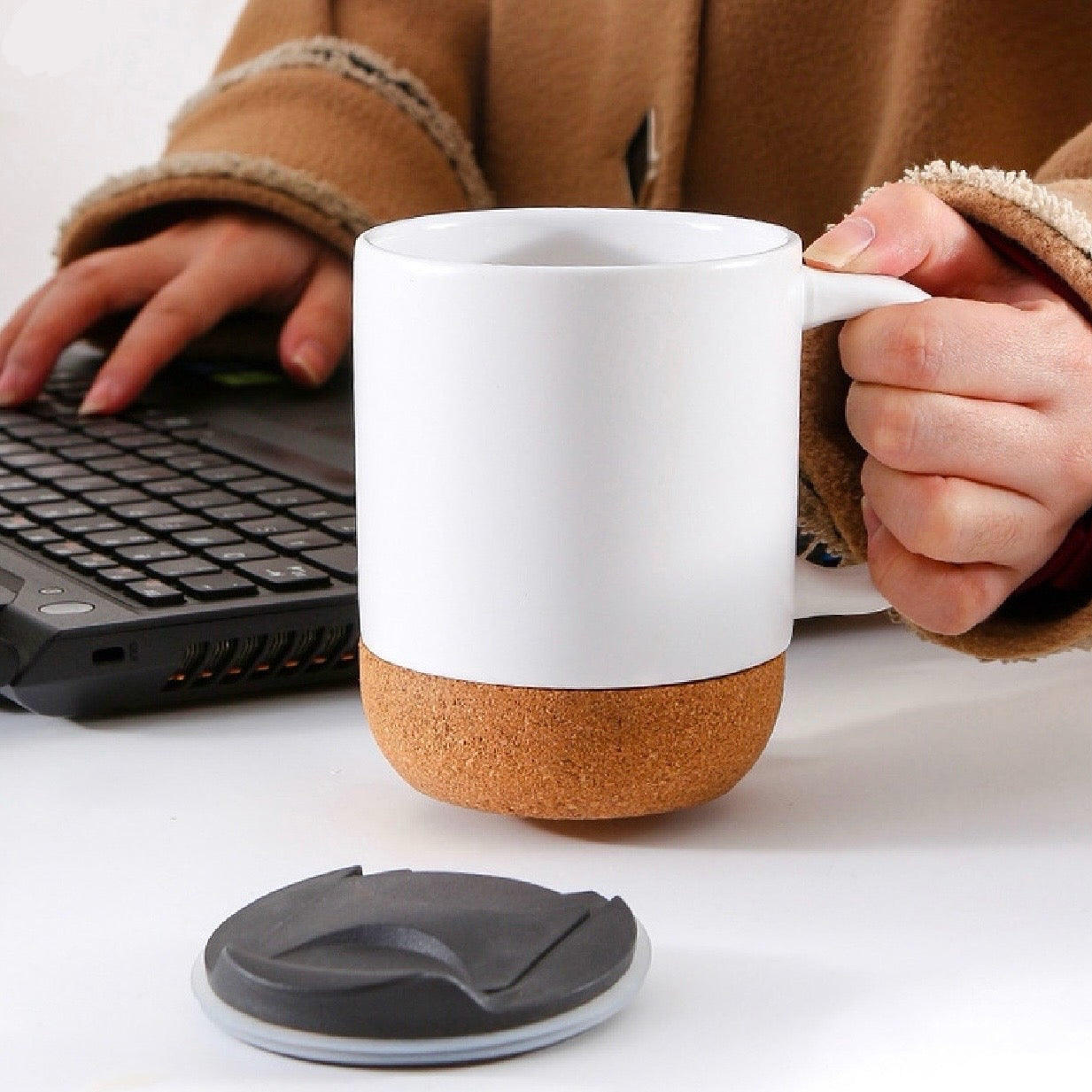 Mug Cup Ceramic With Wooden Insulated Cork Bottom Lid #GM2327