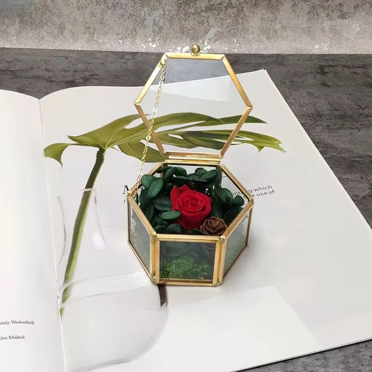 Hexagon Glass Jewelry Box – Gold Frame (7x4.5cm) #JB2960