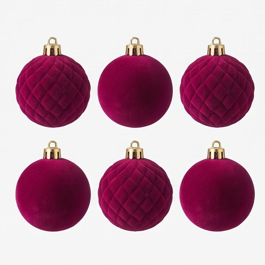 Velvet-Flocked Christmas Tree Ornaments – 6cm, Set of 6 #CB4369