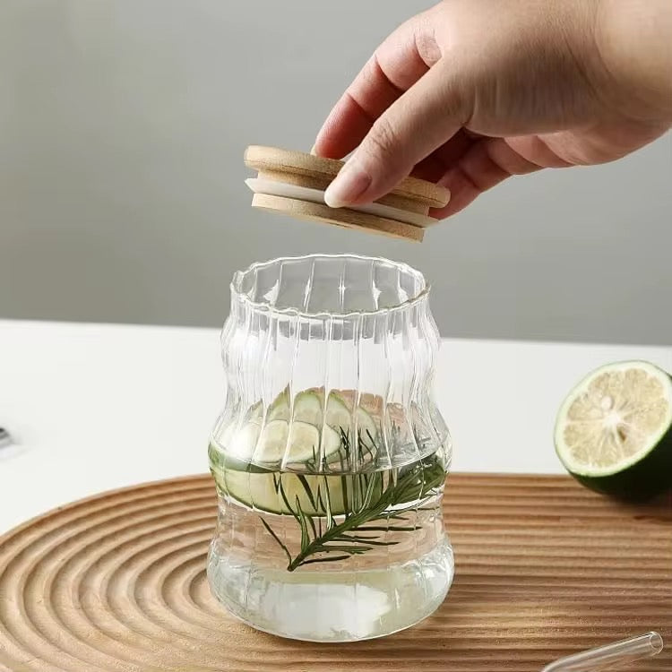 Wavy Glass Cup with Bamboo Lid & Glass Straw  #GM3967