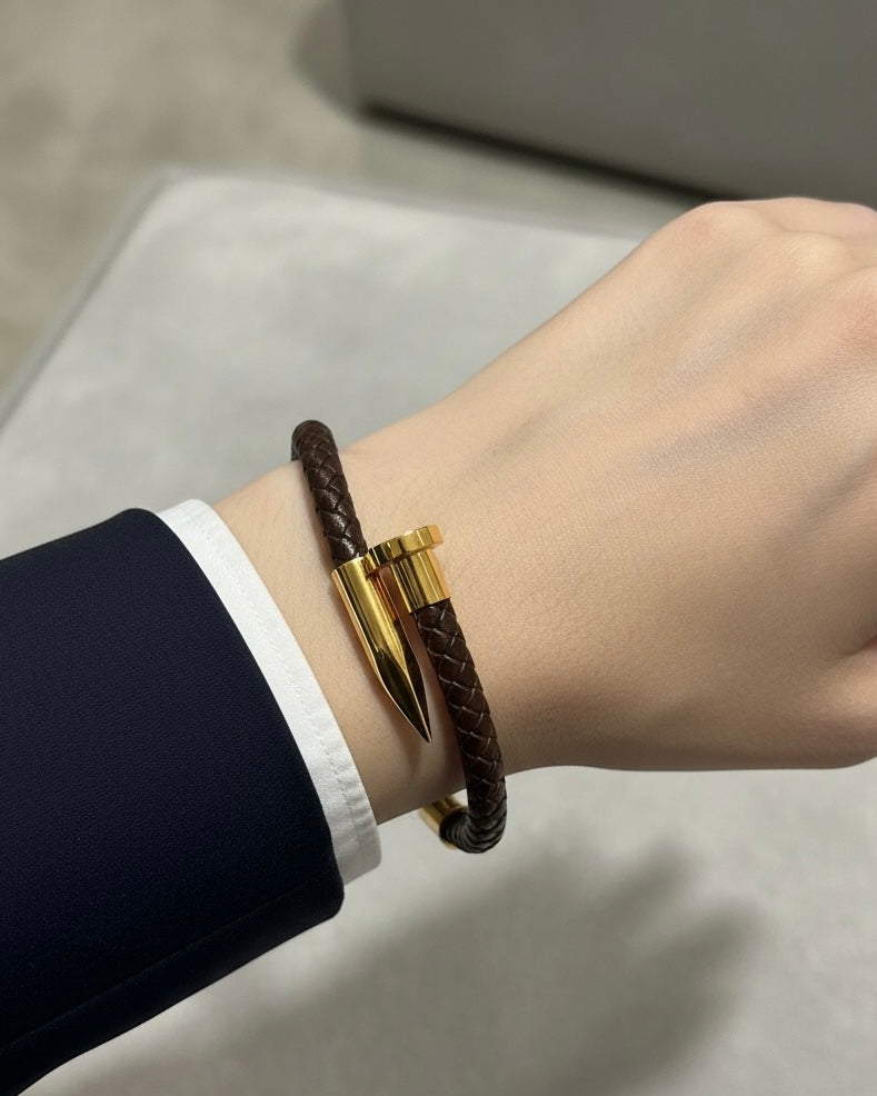 Luxury Nail Bracelet – Black or Brown Leather & Gold Stainless Steel #BL3893