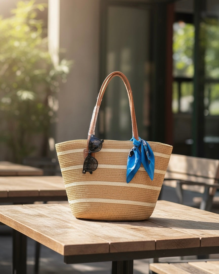 Striped Straw Beach Tote Bag #SB3834