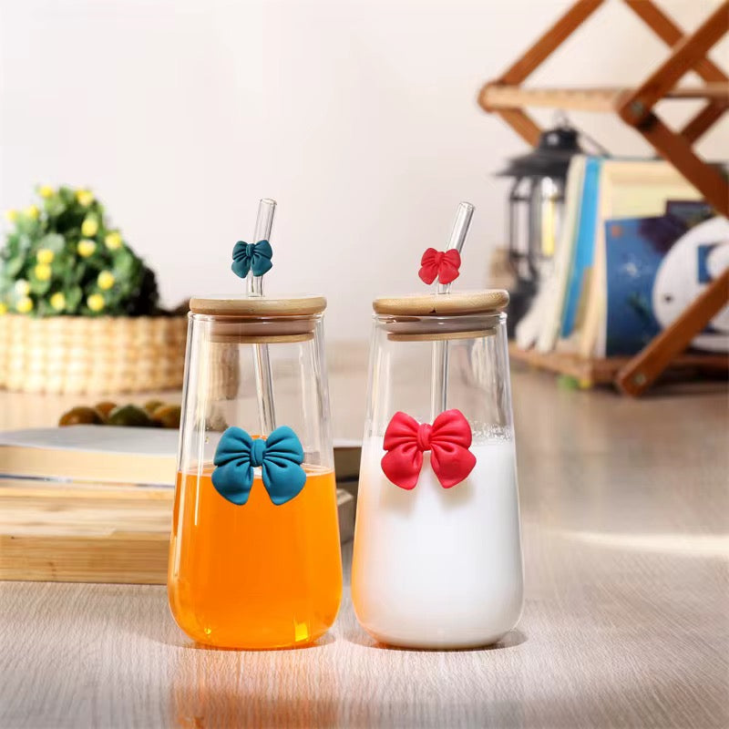 400ml Glass Milk & Coffee Bottle with Bow Silicone Decor – Bamboo Lid & Straw #GJ2578