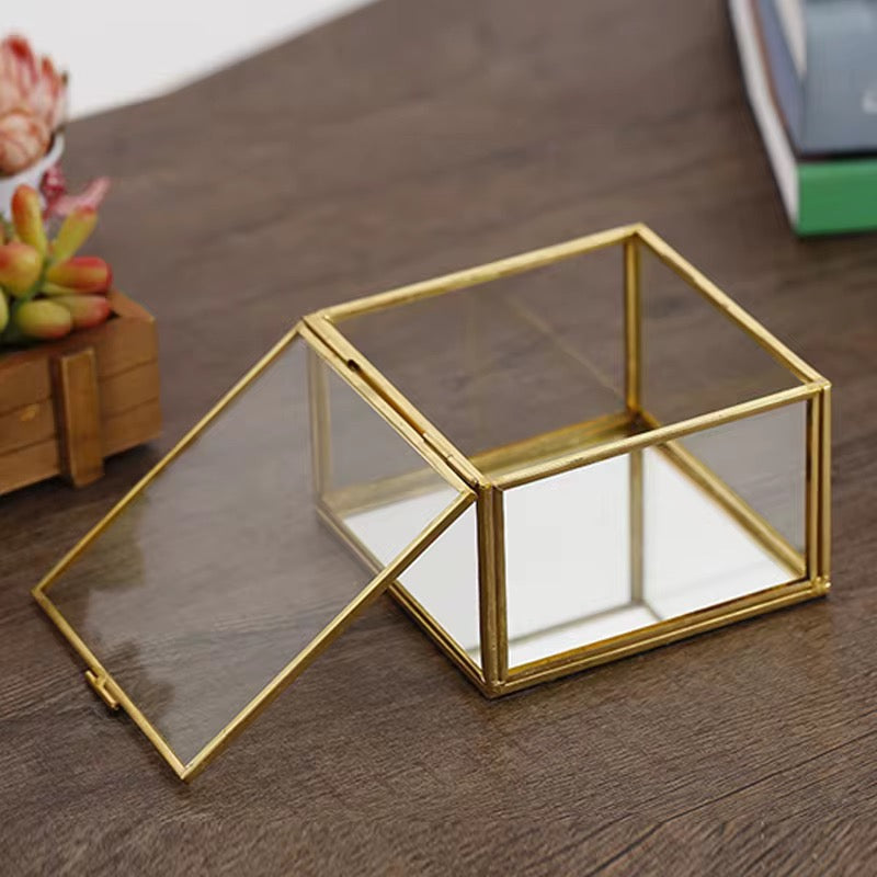 Square Glass Jewelry Box – Gold Frame (6x6x4cm) #JB2961
