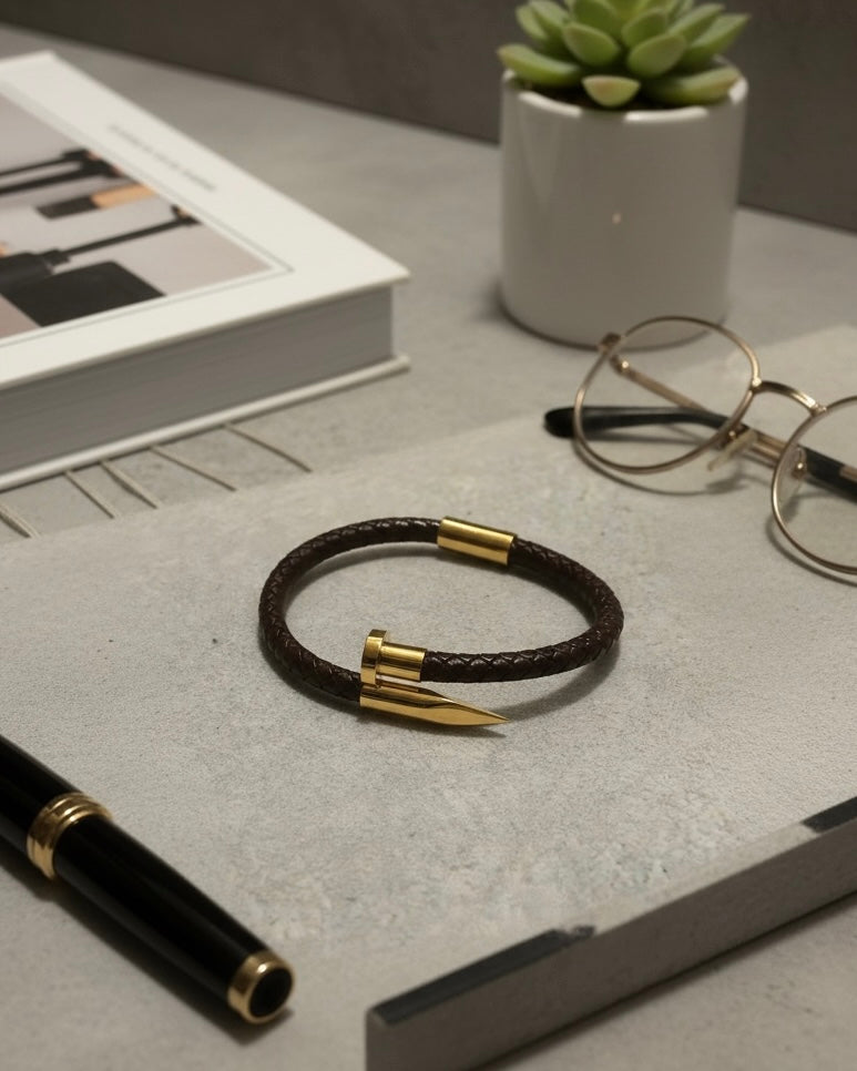 Luxury Nail Bracelet – Black or Brown Leather & Gold Stainless Steel #BL3893