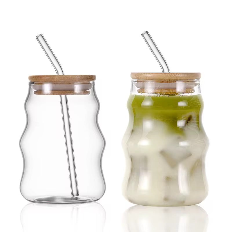Wavy Glass Cup with Bamboo Lid & Glass Straw  #GM3966