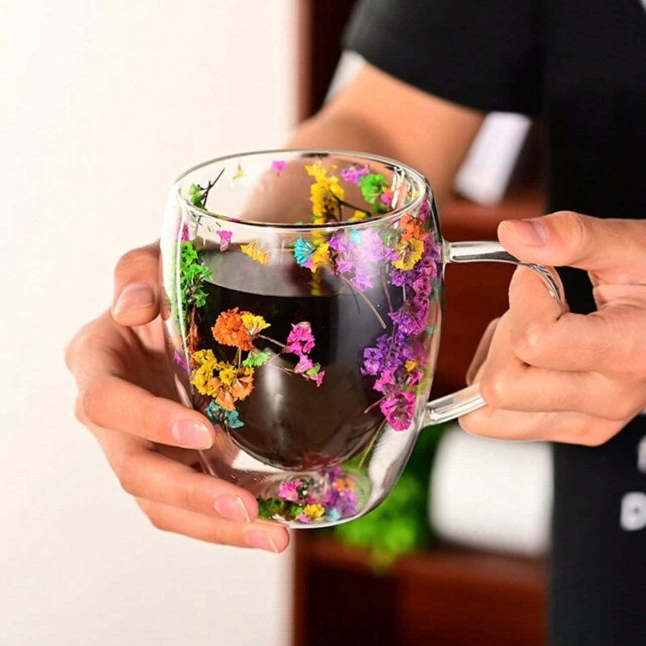 1Pc/350ml Dry Flower Double-Layer Glass Cup Household Coffee Cup With Handle Heat Resistant High Borosilicate Coffee Cup TeaCup #GC1453