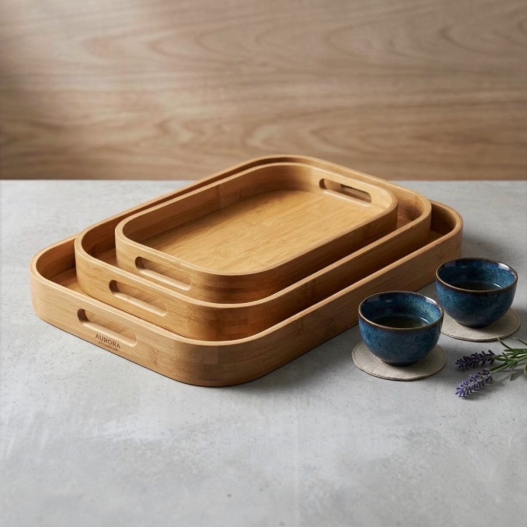 Natural Bamboo Rectangular Tray Set (3 Pieces) #HB3941