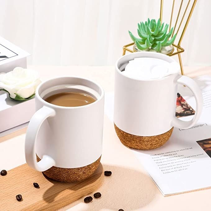 Mug Cup Ceramic With Wooden Insulated Cork Bottom Lid #GM2327