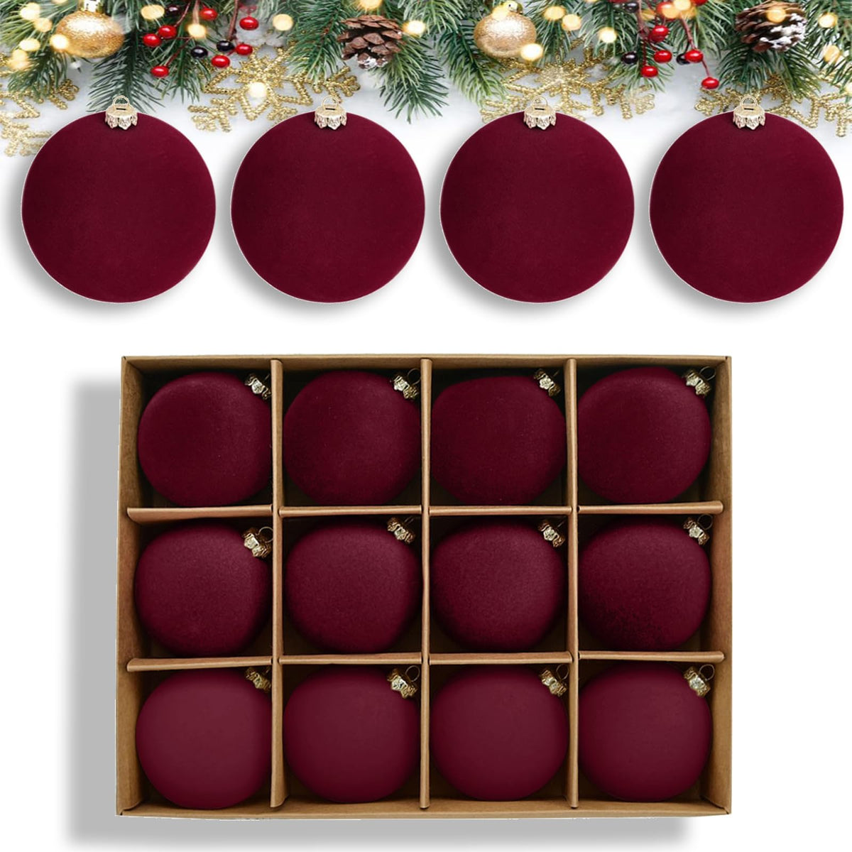 Burgundy Velvet Christmas Baubles – 6cm, Set of 12 #VB4374