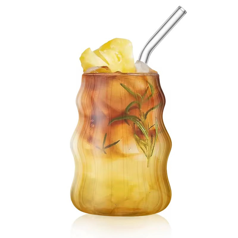 Wavy Glass Cup with Bamboo Lid & Glass Straw  #GM3967