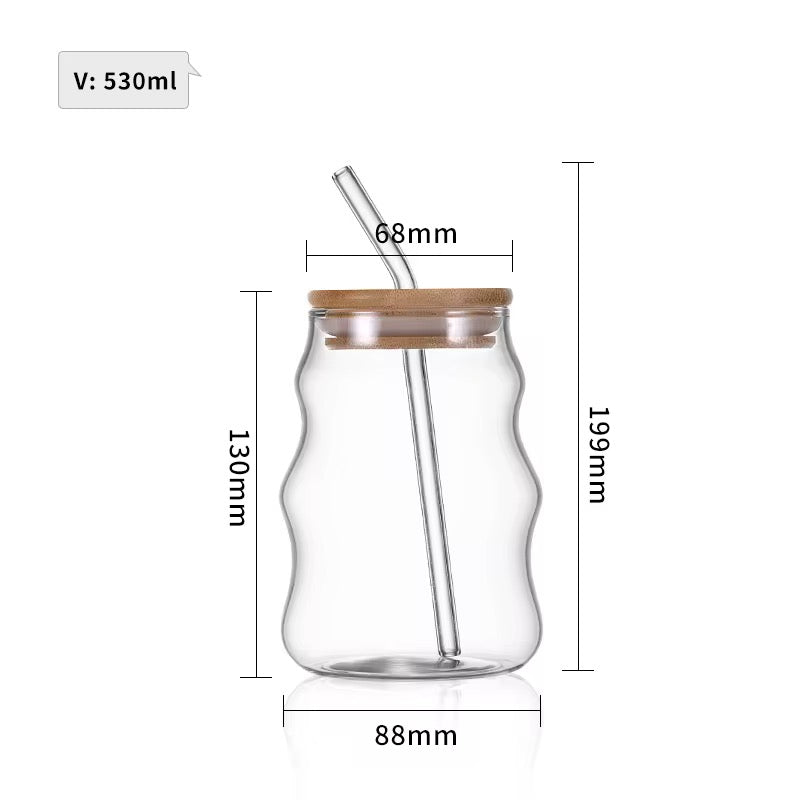 Wavy Glass Cup with Bamboo Lid & Glass Straw  #GM3966