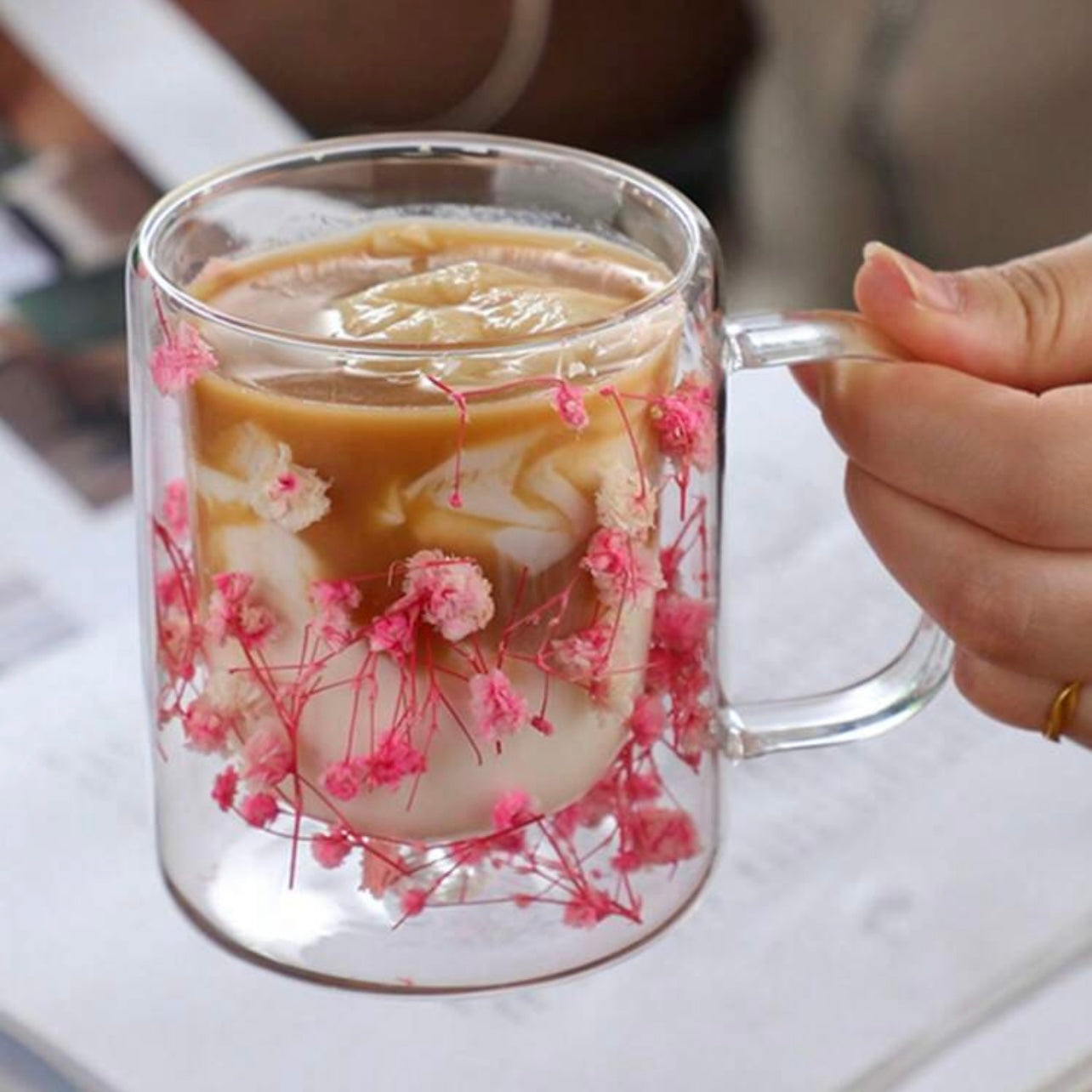 350ml/1pc Trendy Dried Flower Double Wall Glass Cup, Creative Insulated Coffee/Juice/Milk Cup, High Aesthetic Home Use #GC1449