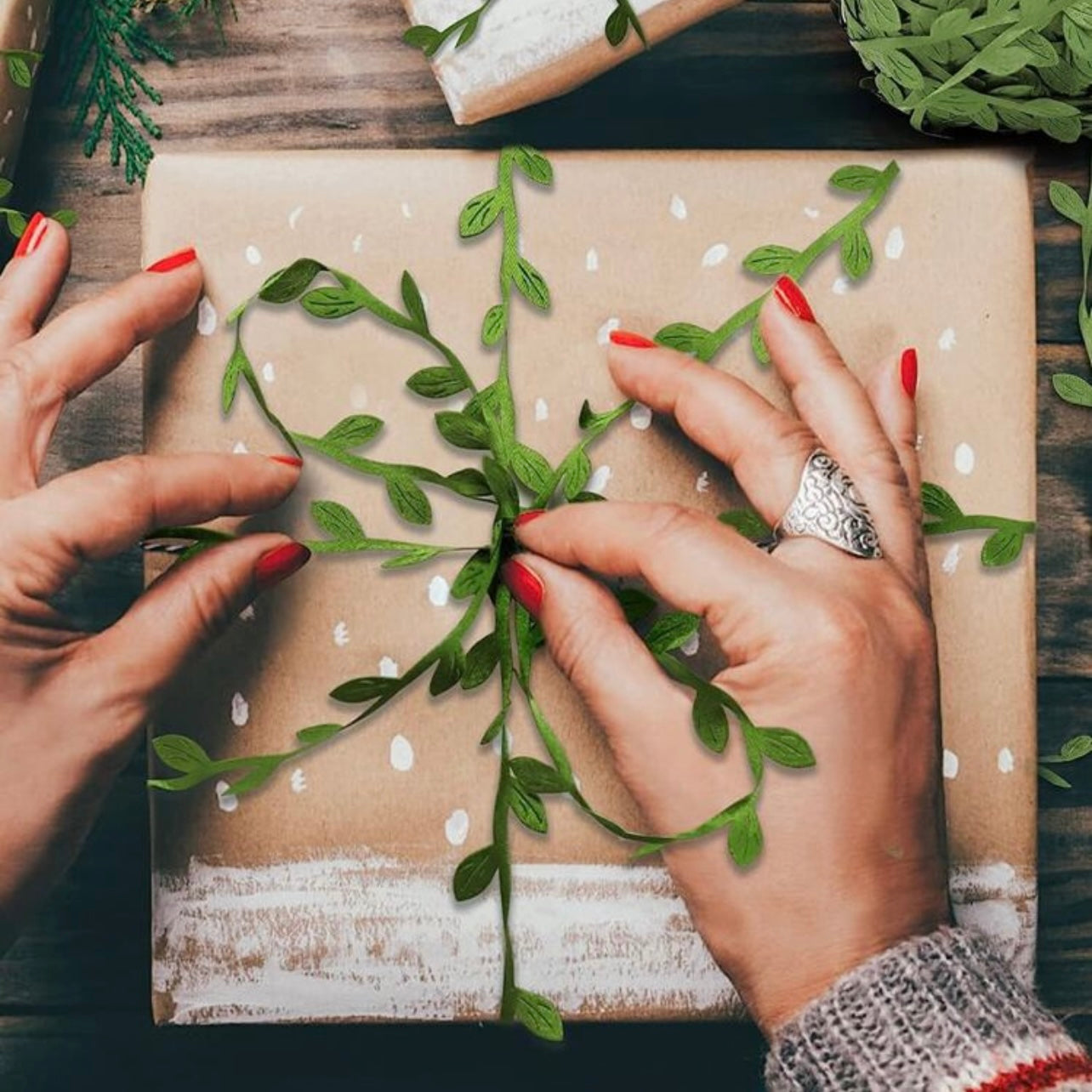 10m Green Leaves Ribbon #LR1061