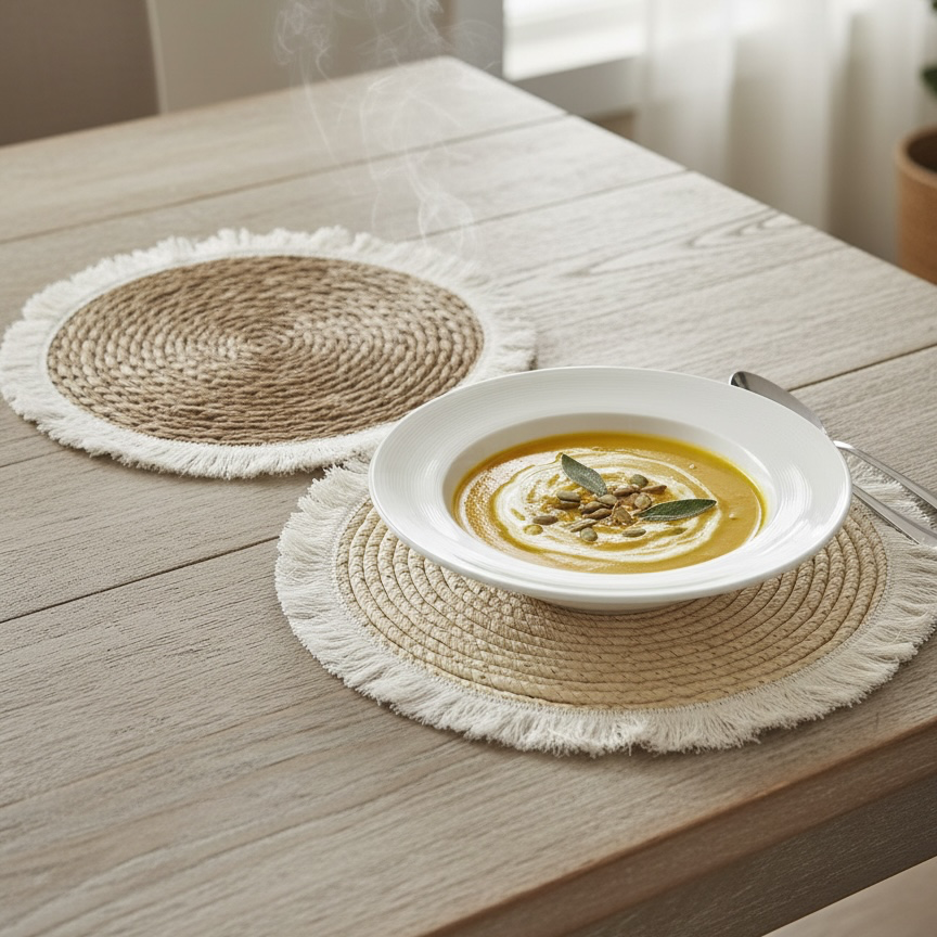 Round Jute Placemat with Cotton Fringe – 32 cm #JP3970