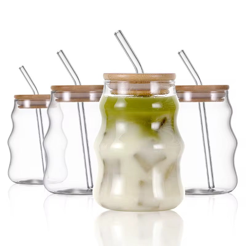 Wavy Glass Cup with Bamboo Lid & Glass Straw  #GM3966