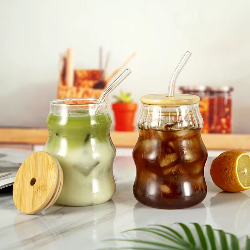 Wavy Glass Cup with Bamboo Lid & Glass Straw  #GM3966
