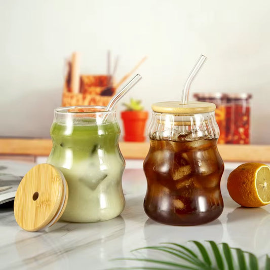 Wavy Glass Cup with Bamboo Lid & Glass Straw  #GM3966