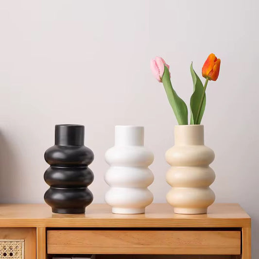 Modern Ribbed Ceramic Vase – Matte Minimal Home Décor #CV3227