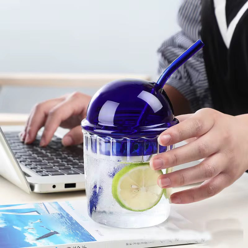 Ribbed Glass Cup with Dome Lid & Glass Straw #GM3969