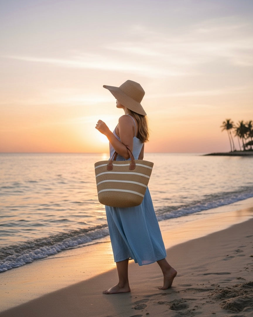 Striped Straw Beach Tote Bag #SB3834
