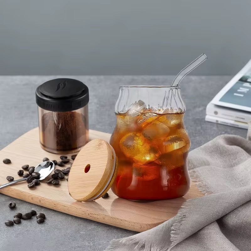 Wavy Glass Cup with Bamboo Lid & Glass Straw  #GM3966
