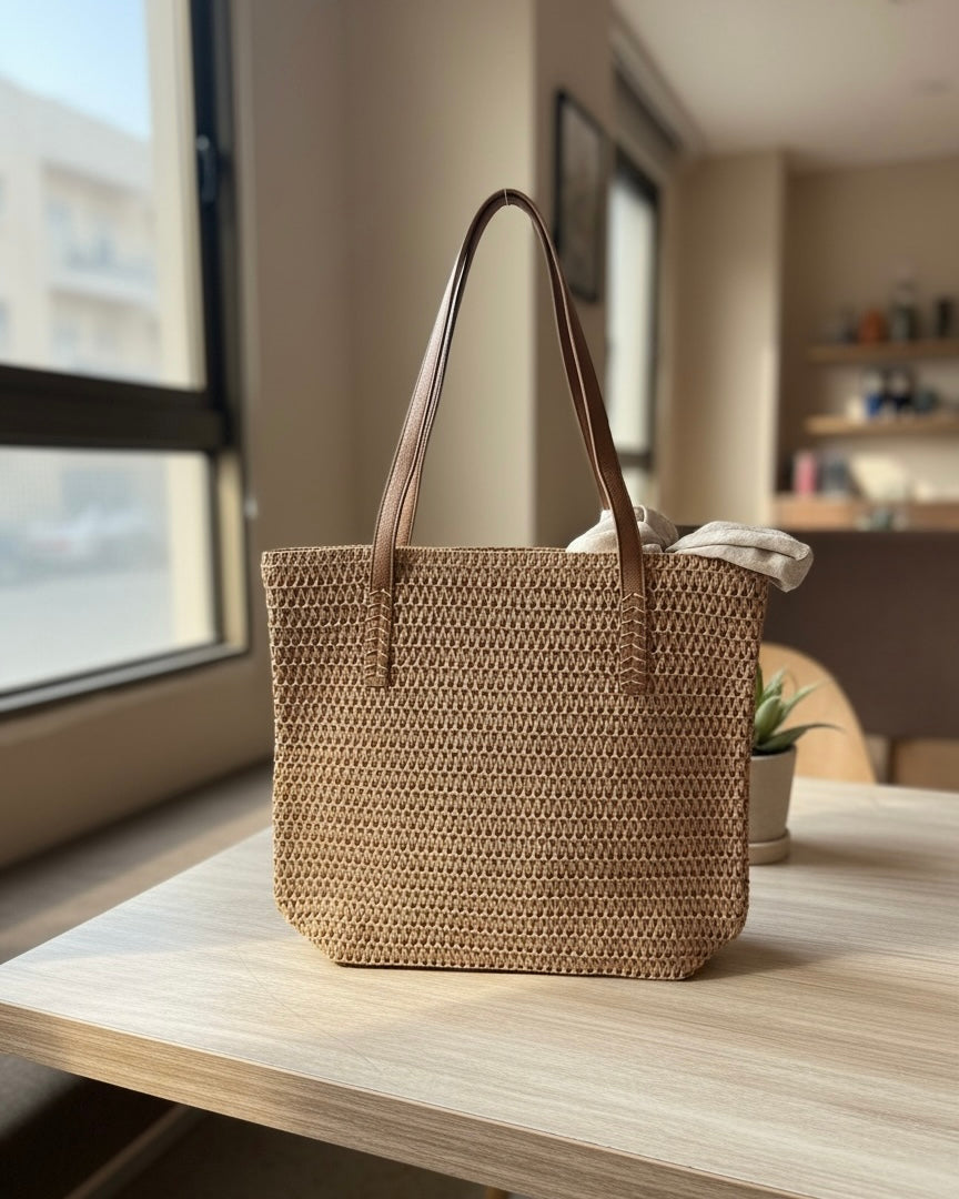 Summer Woven Tote Bag – Elegant Straw Shoulder Handbag #SB3835