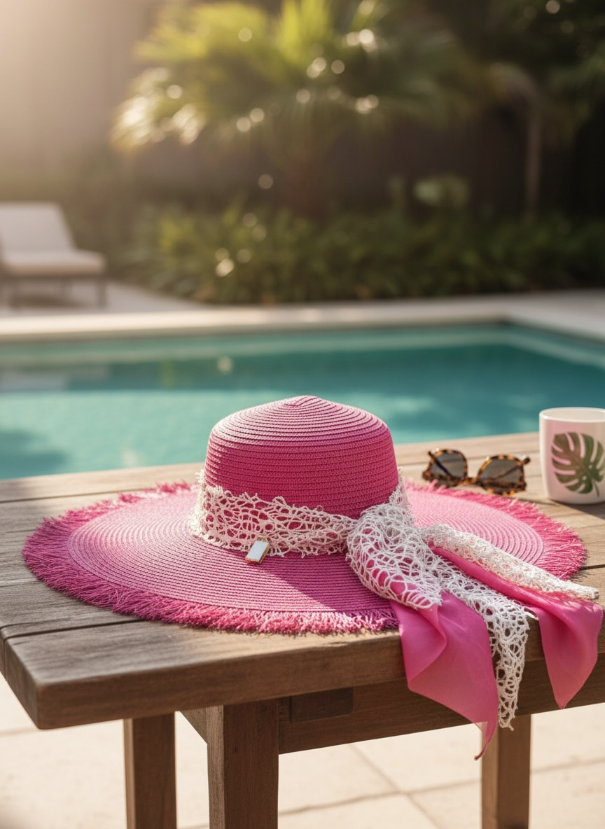 Women’s Pink Lace Ribbon Sun Hat #SB3833