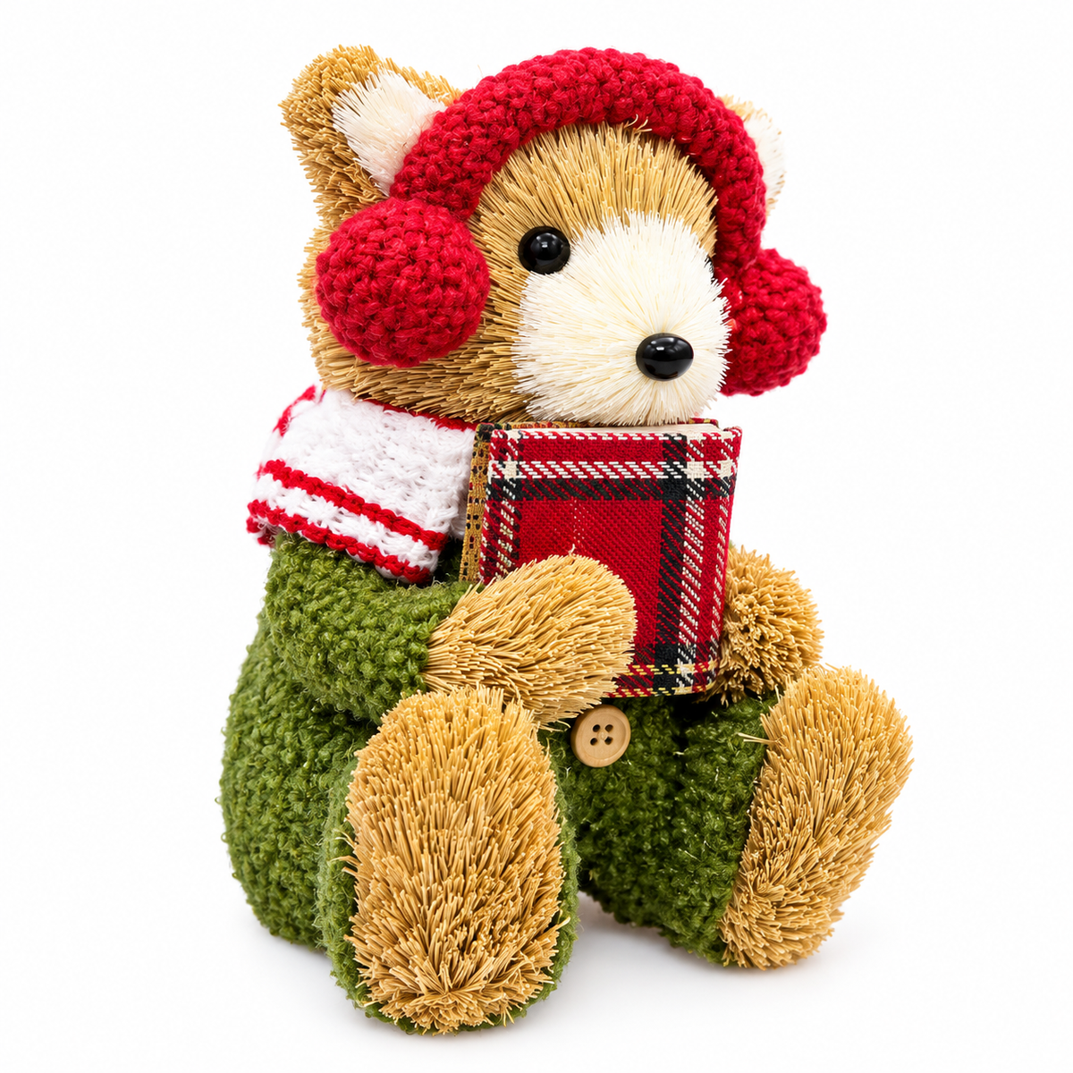 Christmas Teddy Bear Decoration with Red Ear Muffs & Green Knitted Outfit #CB4447