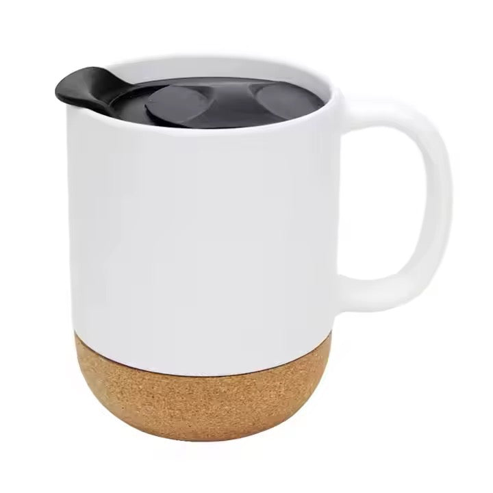 Mug Cup Ceramic With Wooden Insulated Cork Bottom Lid #GM2327