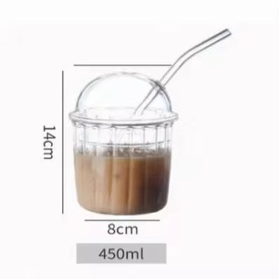 Ribbed Glass Cup with Dome Lid & Glass Straw #GM3969